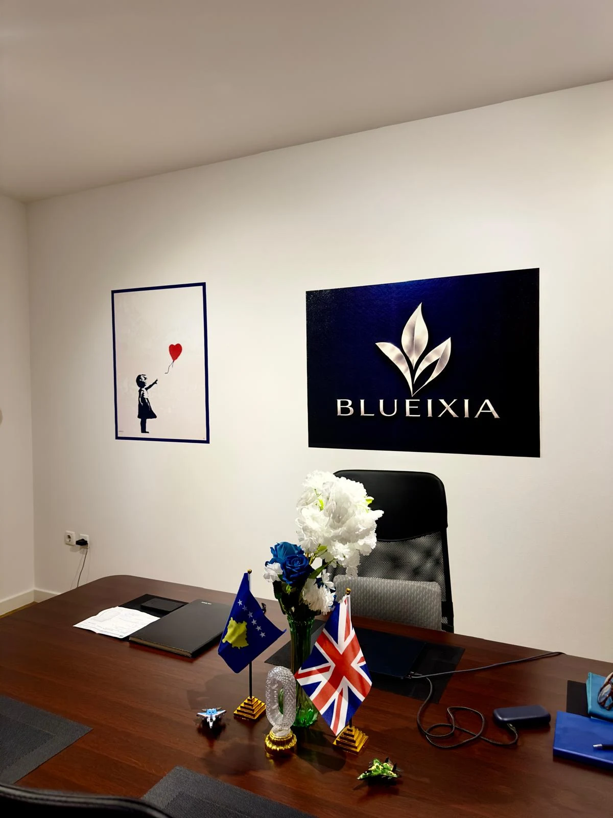 BlueIxia office with identity graphics, floral artwork and the red-balloon artwork.